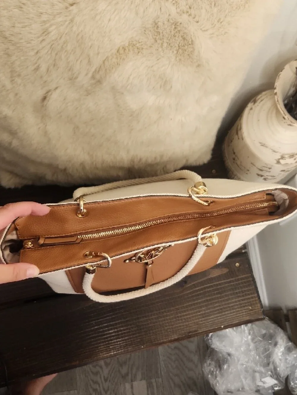 Michael Kors Cream Canvas Tote with Tan Leather Pocket